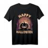 Happy Halloween T-Shirt mit Kürbis, Mond, Fledermäusen und Hexe – Perfekt für Halloween-Partys und saisonale Feierlichkeiten