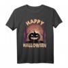 Happy Halloween T-Shirt mit Kürbis, Mond, Fledermäusen und Hexe – Perfekt für Halloween-Partys und saisonale Feierlichkeiten
